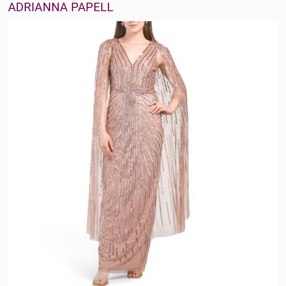 Adrianna Papell Blush Sequin Cape Gown